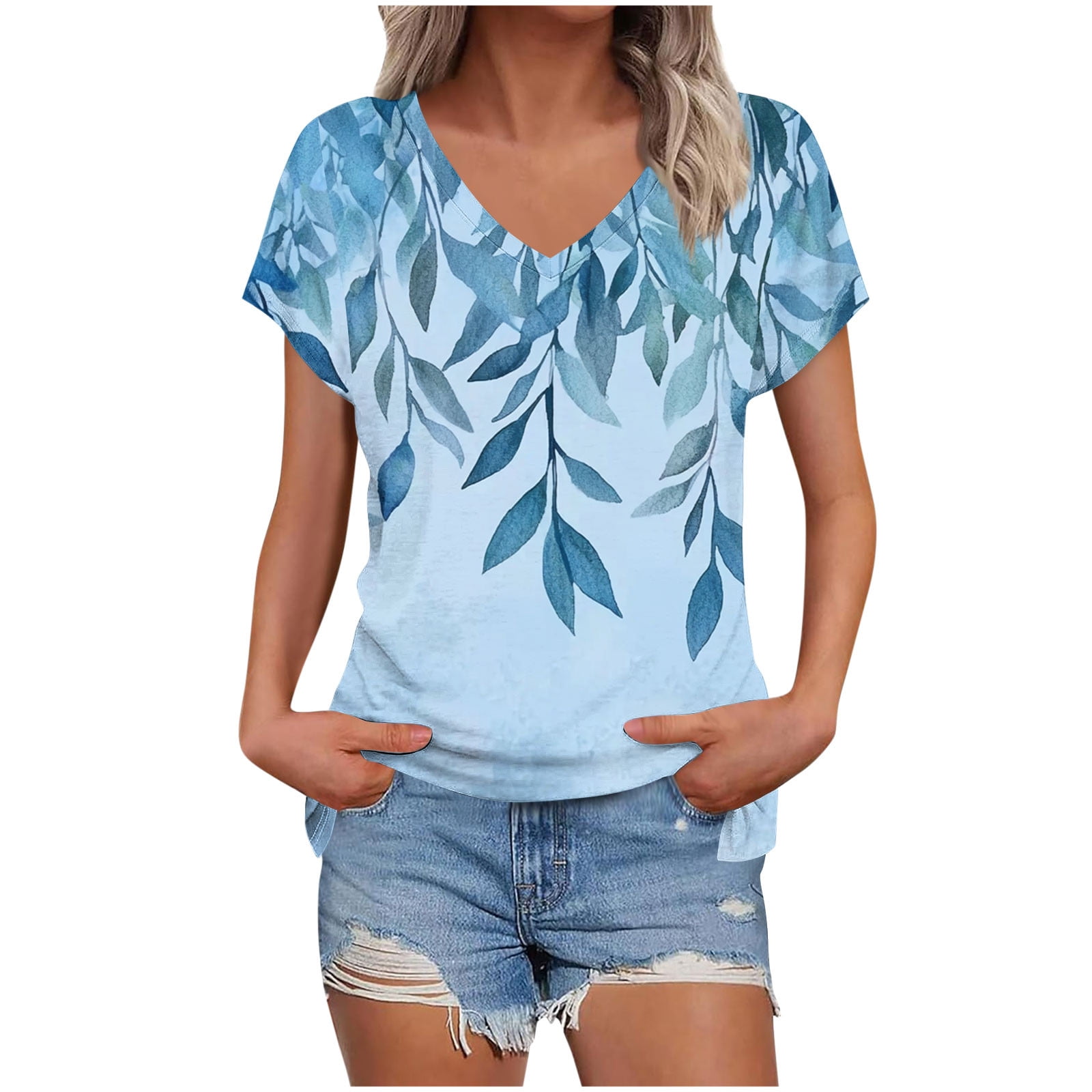 Rciityk Womens Summer Tops Casual Loose V Neck T Shirts Fashion Floral ...