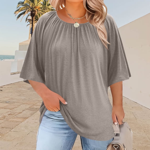 Rciityk Womens Summer Tops Plus Size Crew Neck Short Sleeve T Shirts Casual Loose Solid Color Pleatsed Tunic Tee Spring OutFits