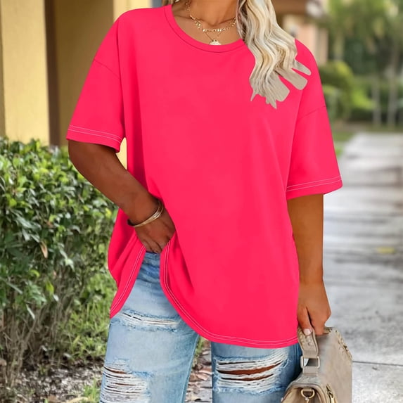 Rciityk Womens Summer Tops Plus Size Crew Neck Short Sleeve T Shirts Solid Color Basic Oversized Tees for Beach Vacation