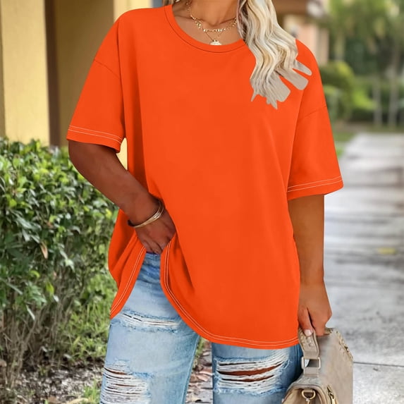 Rciityk Womens Summer Tops Plus Size Crew Neck Short Sleeve T Shirts Solid Color Basic Oversized Tees for Beach Vacation