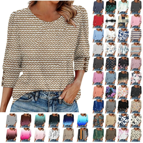 Rciityk Womens Tops 3/4 Sleeve T Shirts Casual Basic Crew Neck Button Sleeve Tunic Tops Summer Vintage Floral Printed Ladies Blouses