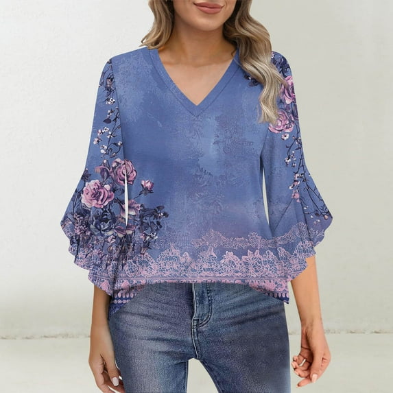 Rciityk Womens Tops Casual 3/4 Long Sleeve T Shirts Fashion Dressy Tunic Blouses V Neck Vintage Print Ladies Loose Tops