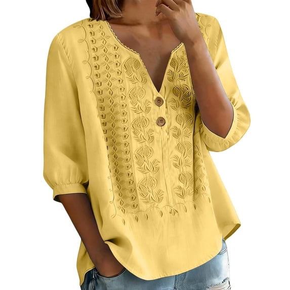Rciityk Womens Tops Cotton V Neck 3/4 Length Sleeve Boho Tops Solid Color Loose Fit Summer Shirts