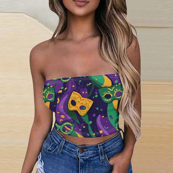 Rciityk Womens Tube Tops Mardi Gras Backless Sleeveless Crop Top Shirt Carnival Print Holiday Party Tops - Spring/Summer Clearance