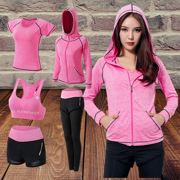 Rciityk Womens Workout Sets 5 PCS Exercise Yoga Tracksuits Athletic Gym Wokrout Clothes Outfits Activewear Running Sets with Pockets
