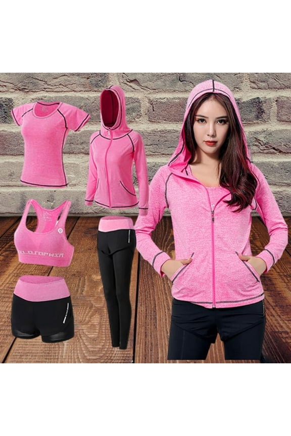 Womens Workout Sets 5 PCS Exercise Yoga Tracksuits Athletic Gym Wokrout Clothes Outfits Activewear Running Sets with Pockets