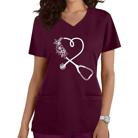 Rciityk Work Scrub Shirts for Women Summer Short Sleeve V Neck Print Tops Regular Nursing Uniform Tops Medicals Scrub Stretch Tops with Pockets - Spring/Summer Savings Clearance