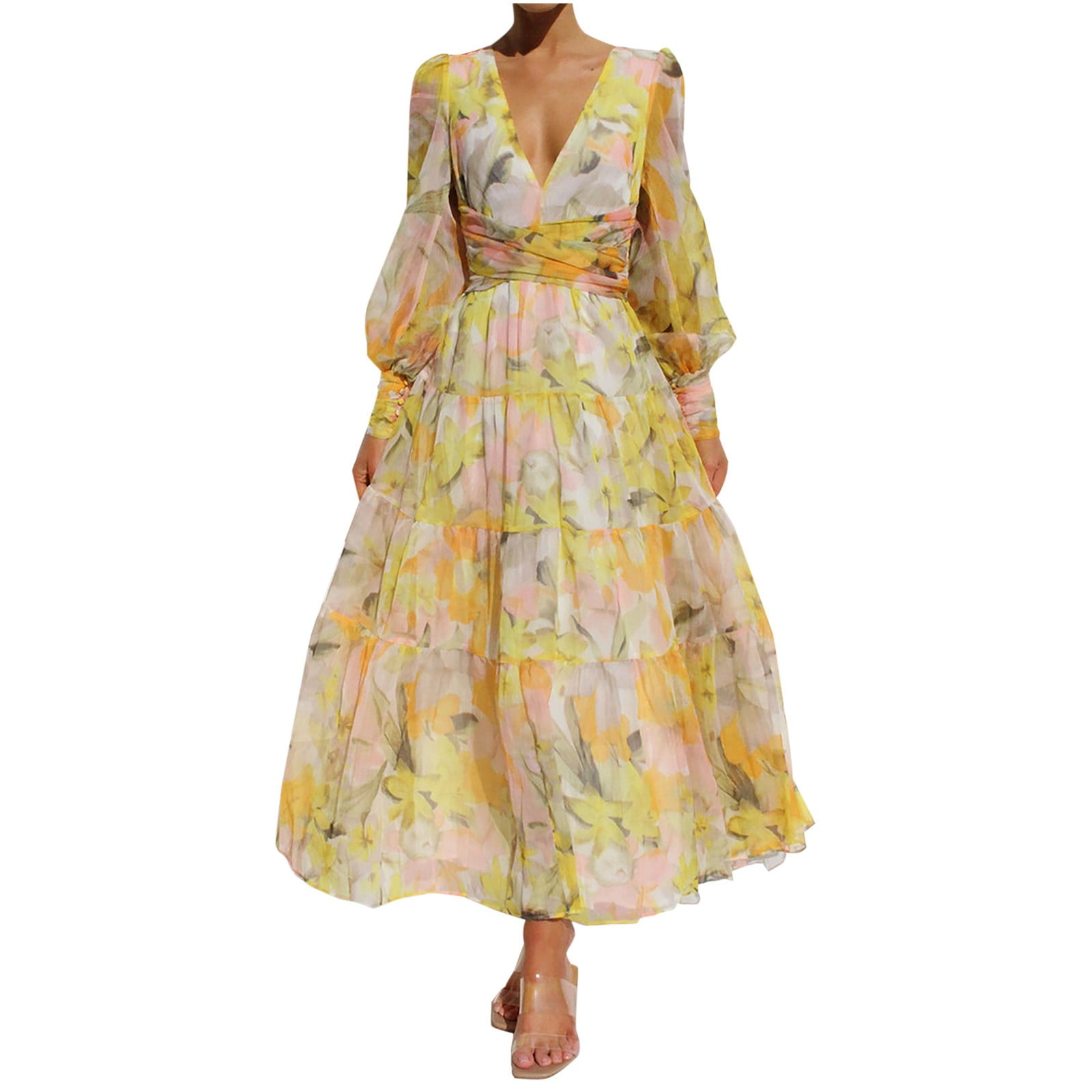 Rciityk Yellow Maxi Dresses for Women Casual Floral Deep V Neck Long ...