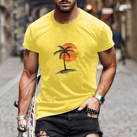 Rciityk Yellow Men's Tops Casual Round Neck T Shirts Palm Sunset Printing Shorts Sleeves Vacation Beach Summer T-Shirt