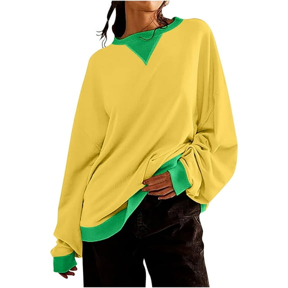 Rciityk Yellow Sweatshirts for Women Color Block Casual Crewneck Oversized Pullover Sweatshirt Fall Fashion Long Sleeve Loose Tops Sweaters