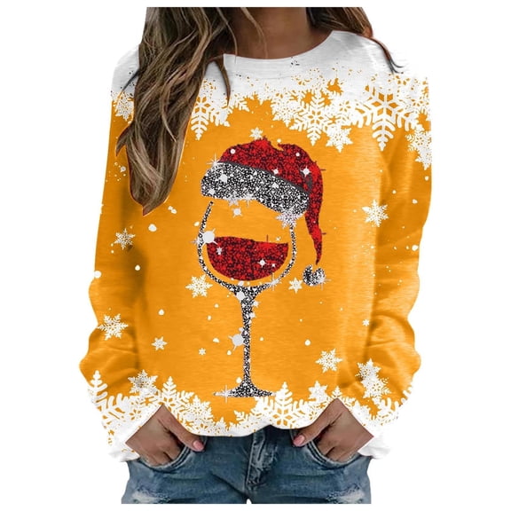 Rciityk Yellow Women Red Wine Glass Christmas Sweatshirt Winter Fashion Christmas Pullover Xmas Santa Hat Graphic Blouse Tops Christmas Gifts for Women
