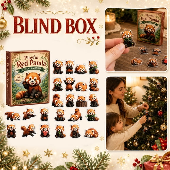 Rdausd 10.24 inch Christmas Advent Calendar 2026, 24 Days Countdown Blind Box with 24 Unique Playful Red Panda 2D Acrylic Hanging Pendants, Winter Wreath and Mantel Decoration