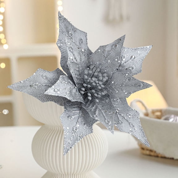 Rdausd 11.42 in Silver Glitter Christmas Flower Stem, Polished Authentic Finish, Christmas Single Flower Stem for Vase, Bouquet and Seasonal Home Decor