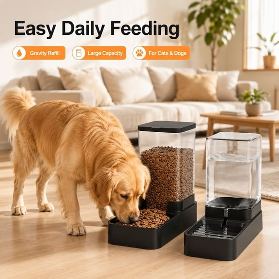 Rdausd 3.3L Gravity Pet Feeder and Water Dispenser Set, Automatic Self-Dispensing Food Water Station for Cats Dogs, Large Capacity Clear Reservoir Stable Base Indoor Pet Feeding