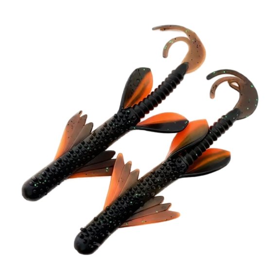 Rdausd 4.92 inch Winged Curly Tail Fishing Lures, Black And Orange Soft Bait 2 Pack, Artificial Bait Accessory for Tackle Boxes And Custom Fishing Rigs
