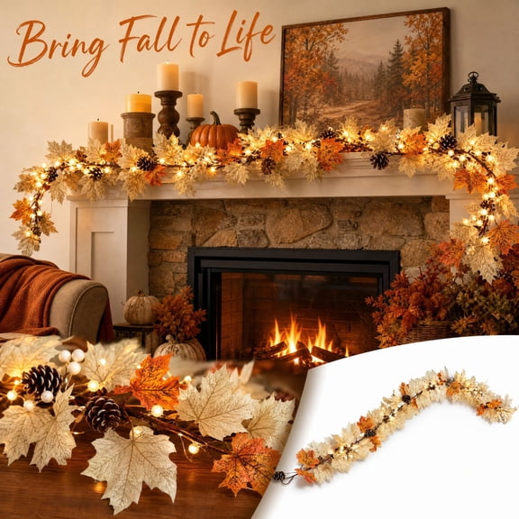 Rdausd 5.9 Ft Red Real Touch Maple Leaf Pre-Lit Garland, Lifelike, Full and Natural, Indoor Covered Outdoor Fall Garland for Mantel, Porch and Entryway