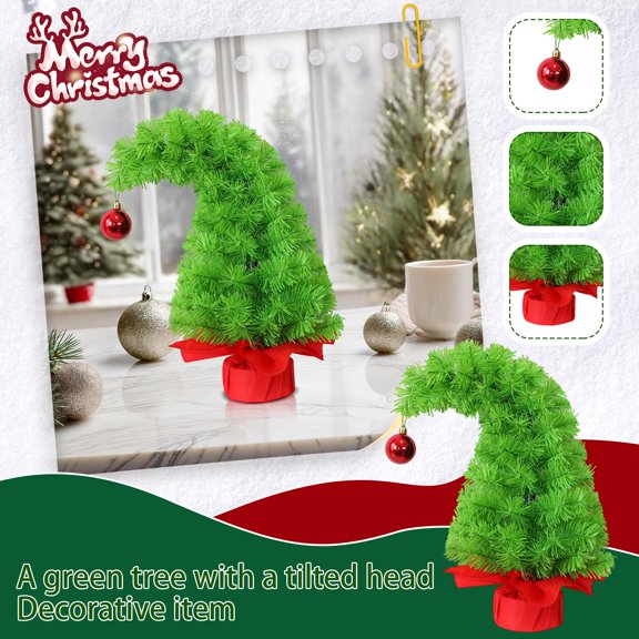 Rdausd Bent Christmas Tree 11.8 Inch, Artificial Tilted Head Green Pine Tree with Red Cloth Bag Base and Hanging Red Bauble, Funny Xmas Tree for Desktop Mantel Holiday Home Decor
