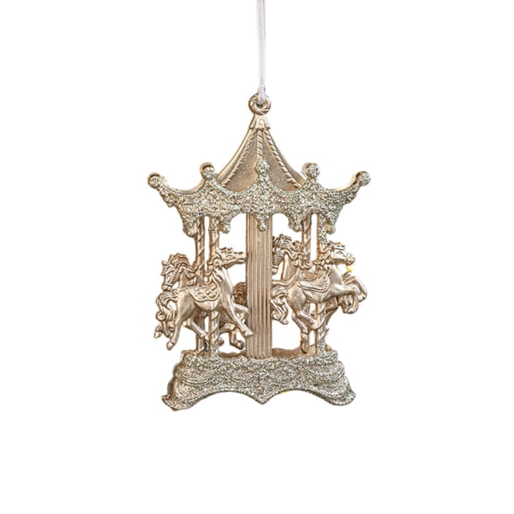 Rdausd Christmas Ornament, Champagne Gold Glitter Carousel Pavilion with Horses Filigree Hanging Decoration with Ribbon, Elegant Xmas Tree Wreath Decor