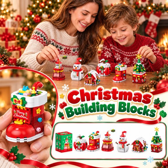 Rdausd Christmas Sound and Light Building Block Toy, Holiday Model Kit for Kids Table Decor, Festive Christmas Tree Snowman Gift Box, Assorted Styles, 1 Pc