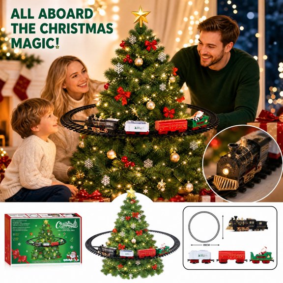 Rdausd Christmas Train Track Set, Black Circular Rail with Dark Engine and Red Freight Car, for Festive Track Arrangements and Seasonal Family Room Displays at Home