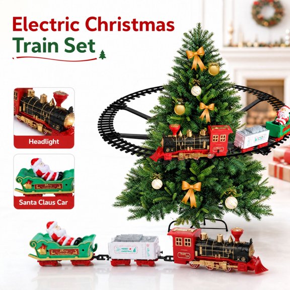 Rdausd Christmas Tree Train Track Set, Black Circular Support Rail with Red Engine and Festive Cars, for Festive Track Arrangements and Seasonal Family Room Displays at Home