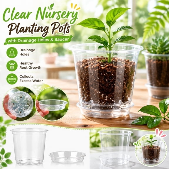 Rdausd Clear Plastic Plant Nursery Pots with Saucers, 7 inch Seedling Planters with Drainage, Ideal for Patio, Balcony, Yard and Indoor Plant Care, Durable Design Supports Everyday Gardening