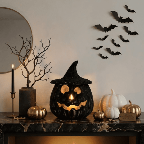 Rdausd Halloween Hand-Knitted Pumpkin Decorations 11.8 Inches, Black Straw Rope Halloween Jack-O-Lantern Basket, Pumpkin Candy Bucket for Table Centerpieces, Fall, Thanksgiving & Halloween