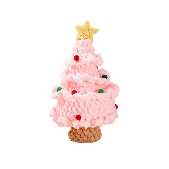 Rdausd Knitted Christmas Tree 11 Inch, Handmade Pink Chunky Yarn Tabletop Xmas Tree with Crochet Star Topper and Multicolor Pom-Pom Balls, Mini Tree for Desk Mantel Shelf