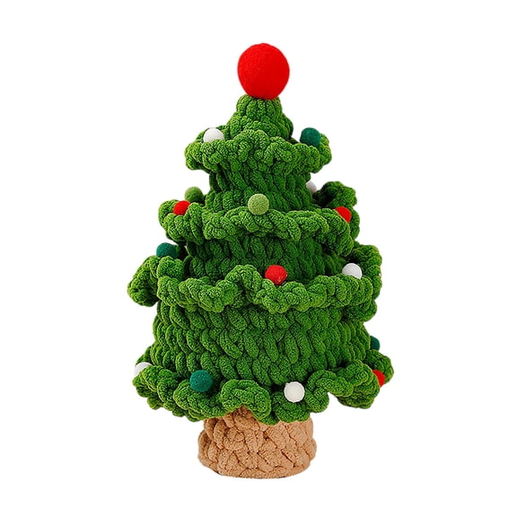 Rdausd Knitted Christmas Tree 8.3 Inch, Handmade Green Chunky Yarn Tabletop Xmas Tree with Red Pom-Pom Topper and Multicolor Pom-Pom Balls, Mini Tree for Desk Mantel Shelf