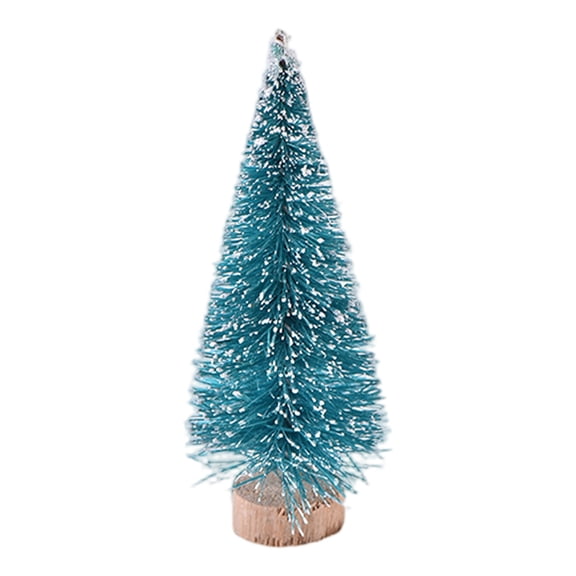 Rdausd Mini Christmas Tree 3.5 Inch, Snow Flocked Teal Bottle Brush with Wood Slice Base, Xmas Pine Ornament for Desktop Mantel Shelf Holiday Decor