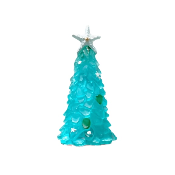 Rdausd Resin Coastal Christmas Tree Figurine 7.87x3.54 Inch, Nautical Sea Glass Starfish Tabletop Centerpiece Decor for Home Shelf Mantel Holiday Party Display