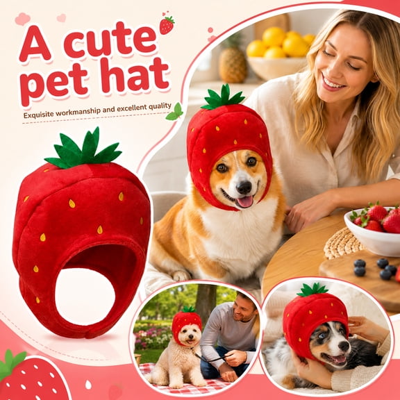Rdausd Strawberry Pet Hat for Cats Small Dogs, Cute Fruit Pet Headwear with Ear Holes, Adjustable Pet Cap for Summer Sun Protection, Funny Pet Costume for Party Photos