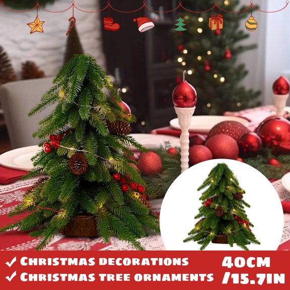 Rdausd Tabletop Christmas Tree 15.7 Inch, Artificial Green PE Needle Tree with Warm LED Lights, Red Berries and Pinecones, Wood Base Xmas Home Decor