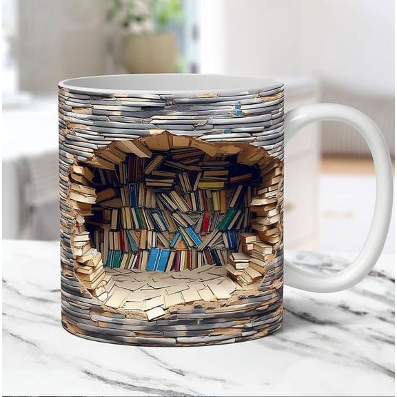 Rdeuod 3D Bookshelf Mug - 3D Effect Books Mugs,Space Design Multi-Purpose Ceramic Mug, A Library Shelf Cup, 3D White Mugs, Funny Coffee Latte Mug, Ceramic Cup Bookshelf Mugs for Readers