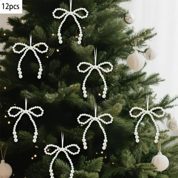Rdhnmea 12Pcs Christmas Pearl Bow Ornaments Set White Small Hanging Christmas Tree Decorations for Home Holiday Xmas Decor