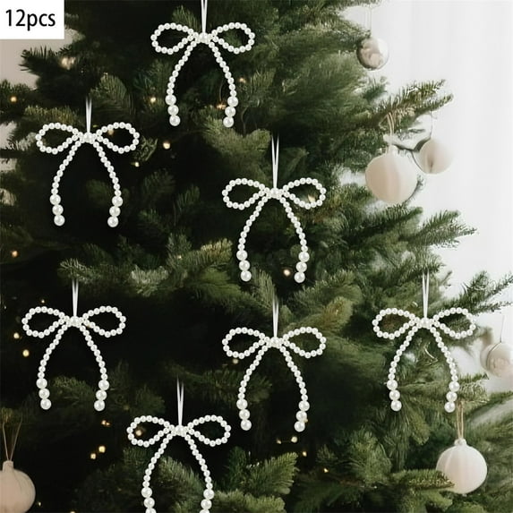 Rdhnmea 12Pcs Christmas Pearl Bow Ornaments Set White Small Hanging Christmas Tree Decorations for Home Holiday Xmas Decor