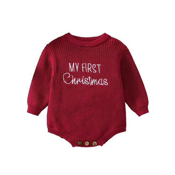 Rdhnmea Baby Christmas Sweater Romper Letter Embroidery Long Sleeve Crew Neck Knit Bubble Jumpsuit Xmas Outfits