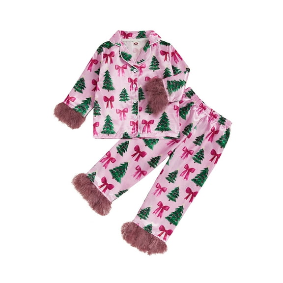 Rdhnmea Baby Girl Christmas Pajamas Set Feather Trim Button Up Christmas Printed Silk Shirt   Elastic Pants Toddler 2Pcs Xmas Sleepwear Loungewear