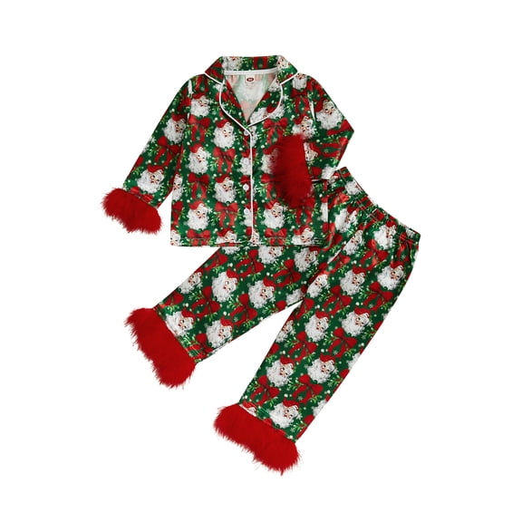 Rdhnmea Baby Girl Christmas Pajamas Set Feather Trim Button Up Christmas Printed Silk Shirt   Elastic Pants Toddler 2Pcs Xmas Sleepwear Loungewear