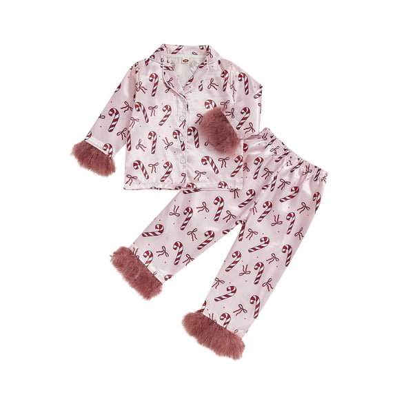 Rdhnmea Baby Girl Christmas Pajamas Set Feather Trim Button Up Christmas Printed Silk Shirt   Elastic Pants Toddler 2Pcs Xmas Sleepwear Loungewear