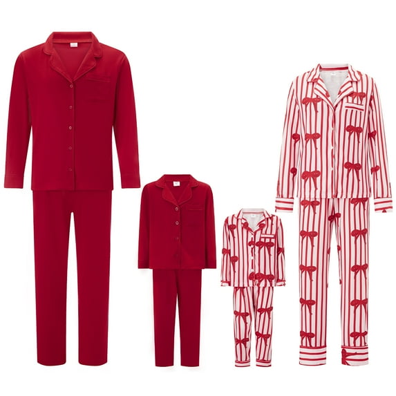 Rdhnmea Christmas Family Matching Pajamas Sets Lapel Neck Button-up Long Sleeve Tops Long Pants Xmas Bow Printed Loungewear Outfits 2 Piece Pjs Set