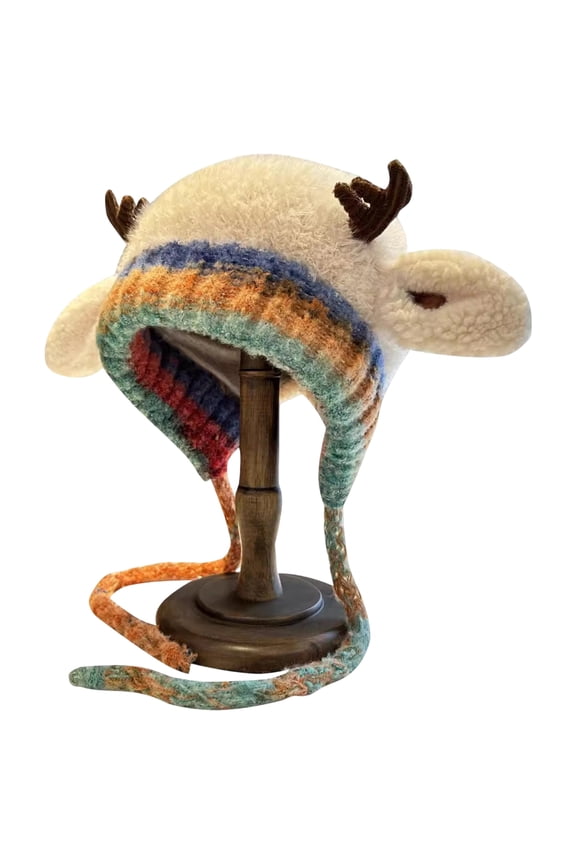 Christmas Knitted Hat for Women and Girls Winter Warm Cute Antlers Beanie Cap Ear Flap Adjustable Bonnet