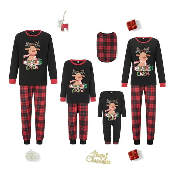 Rdhnmea Christmas Matching Pajamas Elk Print Long Sleeve Shirt and Plaid Pants Set Loungewear Soft Sleepwear