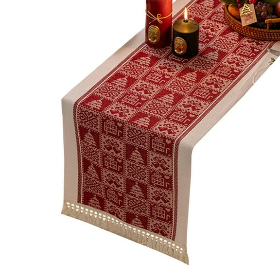 Rdhnmea Christmas Table Runners Reindeer Snowflake Pattern Tassel Table Mats for Festival Home Table Xmas Decor