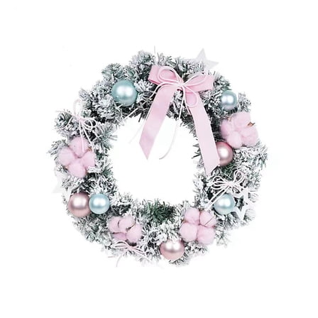 Rdhnmea Christmas Wreath Pink Bow Snow Flocked Wreath Artificial Garland with Ball Ornaments for Front Door Home Xmas Decor