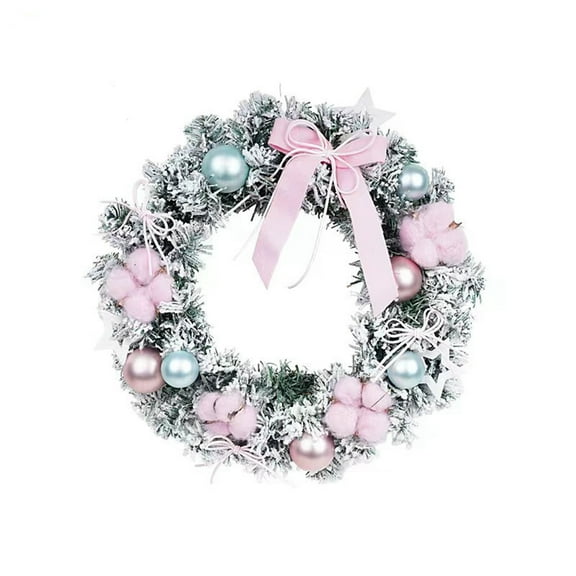 Rdhnmea Christmas Wreath Pink Bow Snow Flocked Wreath Artificial Garland with Ball Ornaments for Front Door Home Xmas Decor