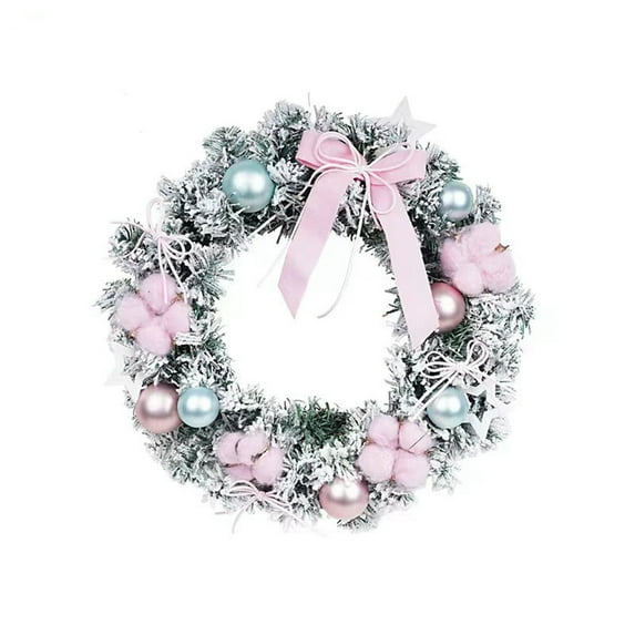 Rdhnmea Christmas Wreath Pink Bow Snow Flocked Wreath Artificial Garland with Ball Ornaments for Front Door Home Xmas Decor