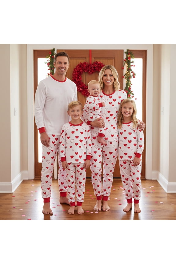 Family Matching Valentine's Day Pajama Set Heart Print Long Sleeve Shirt Tops and Pants Valentines Sleepwear Holiday Pjs Outfits