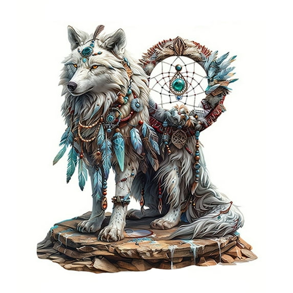 Rdhnmea Home Desk Decor White Wolf with Dream Catcher Decoration Acrylic Ornaments for Home Office Christmas Decor