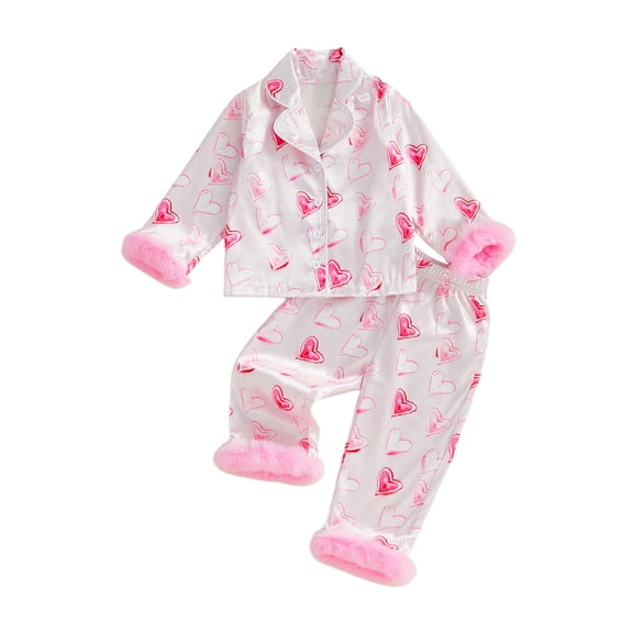 Rdhnmea Kids Girls Valentines Day Pajamas Cute Heart Print Fuzzy Trim Button Down Tops Pants Toddler Satin Sleepwear Silk Valentines Pajama Set